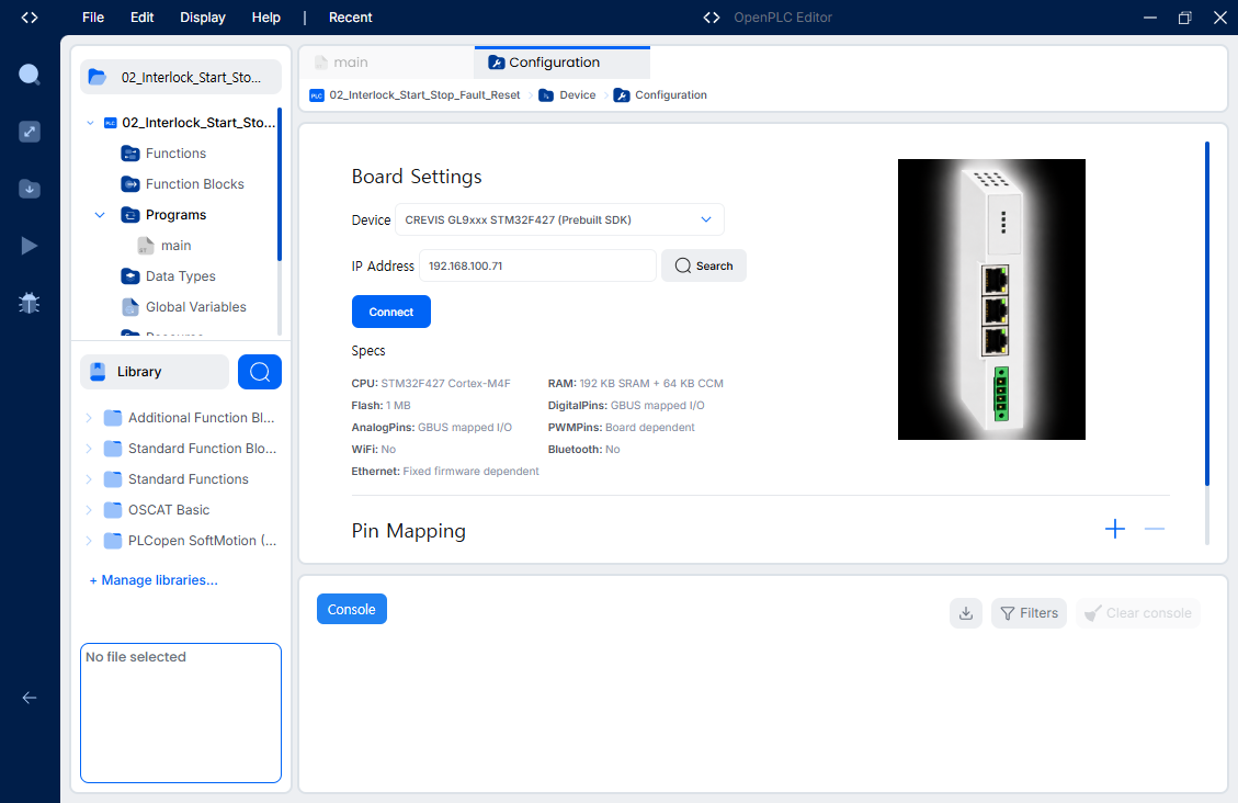 CREVIS GL9xxx STM32F427 Prebuilt SDK 장치 선택과 IP 설정