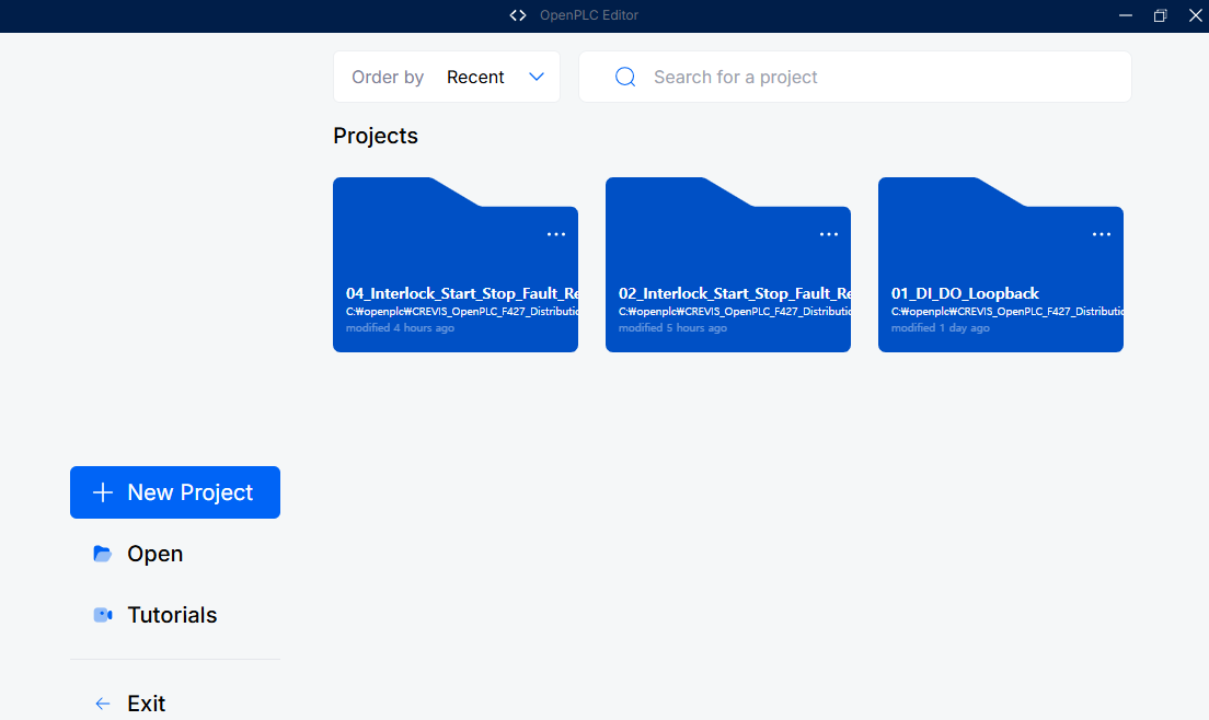 OpenPLC Editor 프로젝트 목록과 New Project 버튼